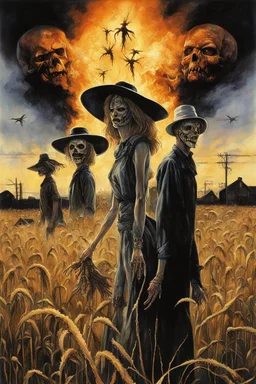 Modern horror Movie poster for text "BLACK LUNG HAY FEVER" by Drew Struzan, author text "S.E. CASEY", small dusty midwester farm town set barren field afire to exorcise the spirits of two sinister scarecrows who's profiles can be seen in the distance in an X shape, eerie, uncanny, ghastly surreal horror, digital collage art. photo layering effect, dramatic.