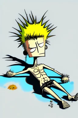 2d drawing of a stickman, cool with punk hair, x eyes like in hangman, stickman body,no shirt, swim pants, laying down, tanning in the sun, 3d realistic in colour