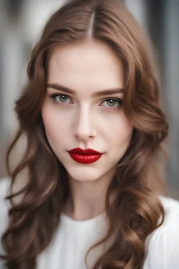a portrait of a cute swedish girl with brown hair and large brown eyes and big red lips in her 20s