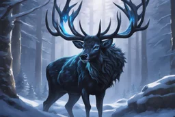 Shadow symbiote in 8k realistic anime drawing style, Deer them, human model, blue neon crystal antlers deer, fantasy snow forest, intricate details, highly detailed, high details, detailed portrait, masterpiece,ultra detailed, ultra quality