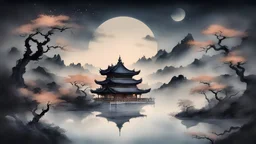 Chinese painting, night, relaxation, luxury, dream world, calm beauty, symmetry, fantasy world, magic, beautiful composition, exquisite detail, 135mm lens