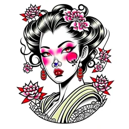 Tatto design Neotraditional style , japanese Geisha, white background, tatto style,