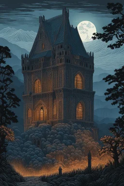 museum quality color woodcut landscape of a dark, otherworldly, and foreboding medieval Italian tower house thickly veiled in dense fog , with highly detailed stonework in 10th century Florence , at midnight, in the style of Gustave Baumann, with a fine art aesthetic, highly detailed, finely cut ,8k render,