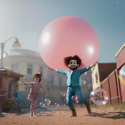 Ultra realistic circus scene. Sweet big hair monster flying. Child’s playing. one strong man, smile. happy, color bubbles, smooth color, waist up view, Wes Anderson style, a lot of people background, highly detailed, concept art, unreal engine 5, god rays, ray tracing, RTX, lumen lighting, ultra detail, volumetric lighting, 3d, finely drawn, high definition, high resolution.