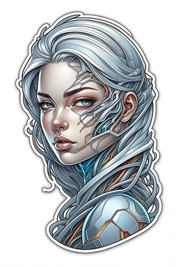 a sticker with a drawing of a woman's face, cyberpunk art inspired by Marco Mazzoni, Artstation, fantasy art, fantasy sticker illustration, intricate digital artwork, cyborg - girl with silver hair