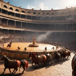 A scene unfolds in ancient Rome, where a grand carousel of gladiators and gladiatrix spins under the sun over the arena. It's raining. The gladiators and the gladiatrix : men and women ride beasts and fantastic animals while the carousel moves with a hypnotic rhythm.