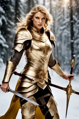 Photography fantasy art,half body,beautiful Taylor Swift as a woman valkyrie,beautiful woman, golden armour, snow background, green eyes,