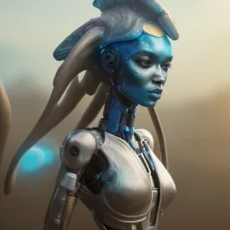 portrait,beautiful african robotic sirene, post-apocalyptic in a cyberpunk city, realistic, intriacte detail, sci-fi fantasy style, volumetric lighting, particales,highly detailed,cinematic, deep blue.