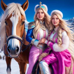 (masterpiece, best quality, 8k, RAW photo, beautiful and aesthetic:1.2), complex detail, Indirect light, photorealistic, (((full body))), 2 Gorgeous Cosmic russian asian goddess smiling, long curved blonde hair, blue eyes, Mixed, sci-fi and traditional russian outfit with pink velvet and white furs and chapka, on a horse companion, a colorfull Sci-Fi environment