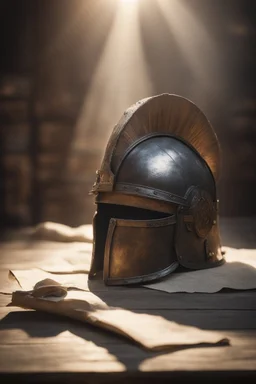 The Roman centurion's helmet lies on an old cracked wooden table. Next to it on the table is a cross on a string and a scroll of parchment. A ray of sunlight reflects off the helmet. All around is the entourage of ancient Rome. High quality image in 8K