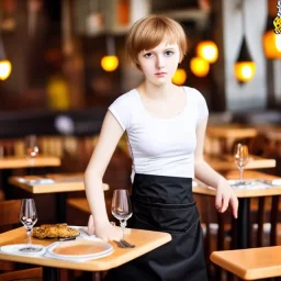 Realistic photo Russian shorthair beautiful 20-years tomboy boyish boylike young wife wide hips in restaurant