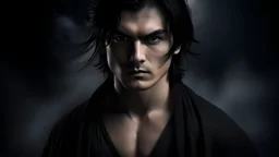 A ((( young man with medium-length black hair and sharp, bright hazel eyes))), standing like a ((sacred figure)), but with a ((terrifying and majestic appearance)), exuding an air of great anger with complete calmness, surrounded by a (dark mist) that envelopes his face and body, as if emanating from him, in a long, powerful image