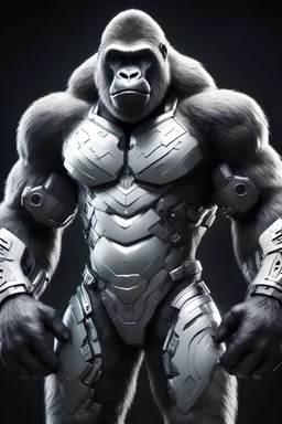 Gorilla manin a mega cool white iron super suit with on his arms and shoulders, hdr, (intricate details, hyperdetailed:1.16), piercing look, cinematic, intense, cinematic composition, cinematic lighting, color grading, focused, (dark background:1.1)