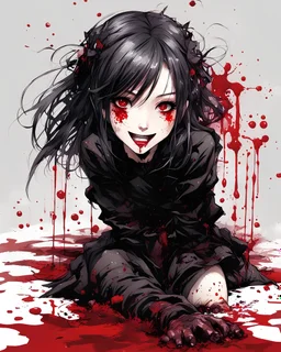 Petit girl goth smiling, lying pose, fullbody, behind blood guts splashes rising from the ground, illustration by <Yoji Shinkawa>, darkred tones,