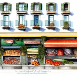 Fishmonger and Greengrocer,Italian city,Citymarket, Jean Baptiste Monge, strong lines, high contrast vibrant colors, highly detailed, , exterior elevations illustration, , exterior elevations design plan illustration, interior croquis color illustration