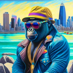 Hermoso dibujo a lápiz coloreado de gorila con chaqueta, gorra y anteojos de playa, obra de arte, calidad ultra, maximalista, 12k , fondo de ciudad