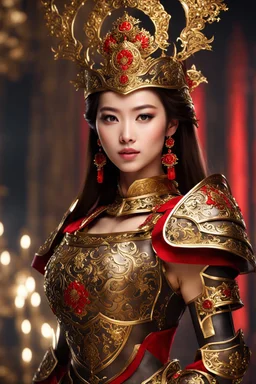 Full body Realistic photography,front view, Beautiful Queen Warrior super model Pretty European Chinese Woman, brown hair,dressing luxury party gown,looking at viewer,traditional dress ornaments mechanical armor china traditional, intricate armor, delicate golden shine bright, black metalic parts, detailed part, jewelry diamonds,dynamic pose,abstrac background, dynamic lighting, red hour, full body portrait