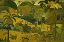 An olive green kingdom with insects painted by Paul Gauguin