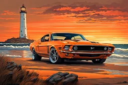 1970s BOSS 302 orange mustang in coastal, intricated details, sunset, lighthouse, painting style, dramatic lighting