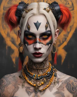 realistic portrait of harley quinn Hyperrealism, Ethereal portrait of a mystical being with tribal features, vibrant orange eyes, reptilian pupils, intricate scale-like patterns around the eyes, pale skin adorned with freckles, tribal tattoo on the nose bridge. Adorned in a weathered yellow tribal mask with dark markings, a central rivet, necklaces of gold, black, and red beads, a rustic red and dark green scarf with intricate designs, and small earrings. Serene expression, intense gaze, desatur