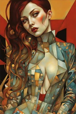 create an abstract cubist, highly ethereal, darkly magical full body illustration of a vampire girl, with highly detailed and deeply cut facial features, in the style of GUSTAV KLIMT, EDWARD BURNE-JONES, WILLIAM MORRIS, and KATHE KOLLWITZ combined with the comic art style of BILL SIENKIEWICZ and JEAN GIRAUD MOEBIUS, searing lines and forceful strokes, precisely drawn, inked, and darkly colored