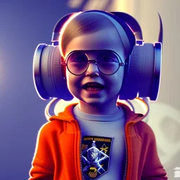 Harry Potter toddler, smile, cyberpunk headphone, sunglass, gangsta neckless, full body, orange puffer jacket, tokio background, dramatic lighting, hyper realistic, unreal engine 5, 16k