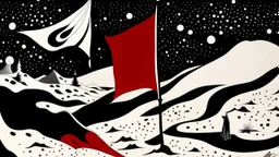 An abstract and contemplative illustration by Malevich and Kuniyoshi of a black and white desert landscape with a red pirate flag.