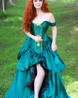 Magic princess with long auburn hair in a big teal green and gold satin ballgown corset off shoulder top casting magic