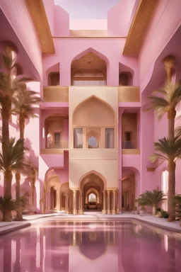 huge pink and gold villa with an islamic architectural style