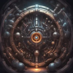 resonator that fills cavernous chamber with pipes dials and pistons and releases a series of powerful tones that can alter the brainwaves, in rp fantasy game art style
