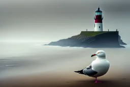 A seagull is sitting in the foreground, behind there far away lighthouse. England, foggy day