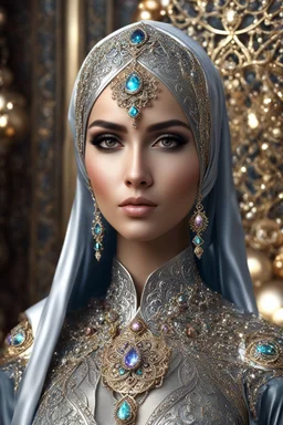 Length picture photography realistic full body of young iranian woman hijab, beautiful, shiny hard eyes, make up, Fantasy style, shiny baubles, ornate, large gemstones, shiny molten metalics, shiny wire filigree, silver hair, high definition, high res, octane render