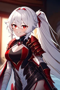 girl, masterpiece, best quality, cinematic lighting, detailed outfit, vibrant colors, perfect eyes, long hair, white hair, red eyes, ponytail, messy hair, hair between eyes, indoors, depth of field, ray tracing, armored dress, angry, smile,