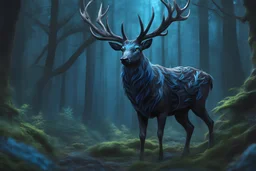 Beast Shadow symbiote in 8k realistic anime drawing style, Deer them, blue neon crystal antlers deer, human model, close picture, fantasy forest, intricate details, highly detailed, high details, detailed portrait, masterpiece,ultra detailed, ultra quality, blue eyes