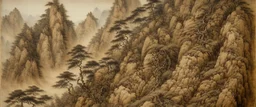 A brown mountain with stones covered in dust painted by Guo Xi