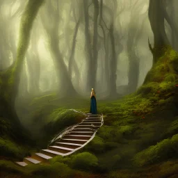 A lady holding torch walking up the stairs, mysterious Forest surrounding her, dark