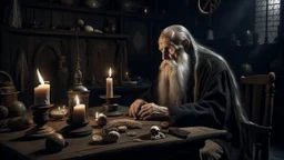 An elderly Caucasian man with a long gray beard sitting at a wooden table in a dimly lit room filled with various occult and mystical objects, including a skull, candles, and other artifacts