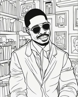 coloring page for teens, simple outlines art, cartoon style, outline drawing, bold outlines, clean and clear outlines, no tones color, no color, no detailed art, art full view, wide angle, white background, STEVIE WONDER.