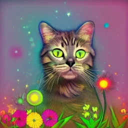 cute multicolored crystal cat, ultra realistic, background of flowers, volumetric lighting, fantasy, highly detailed, lighted background in style of vincent van gogh