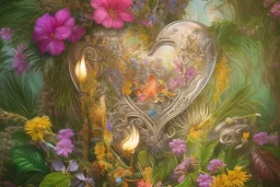 Tropical flowers, realistic heart drawing, crystals, tropical leaves, sacred altar, Fantasy home, cute animal.