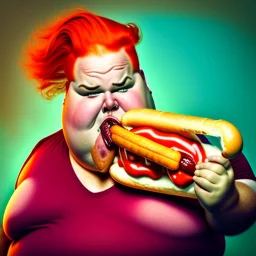 fat man with red hair eating a hot dog