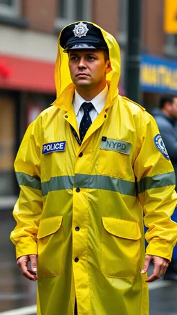 vintage retro nypd full body color policeman wtih heavy yellow rain transparent coat