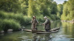 A fisherman fishing on the river with a rod next to his daughter in the Middle Ages