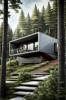 Medium sized, modern house made from shipping containers, on a hill in the woods, photorealistic