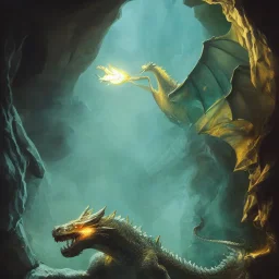  realistic oil painting of a dragon in a cave. The dragon puts a paw on a chest. There is a treasure, gold coins, precious stones, jewels, emeralds, diamonds. Ocher, emerald green colors. Trending on artstation. Shadows and lights effects. By Greg Rutkowski