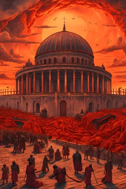 A lot of Prisoners line up in hell in front of a big wall , red clouds in the sky with huge amount of dead people laying on the ground