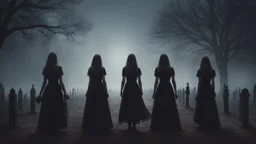 Hyper Realistic creepy-people-wearing-plain-black-dresses-doing-satanic-ritual at a cemetery at beautiful-dark-foggy-night with dramatic & cinematic ambiance