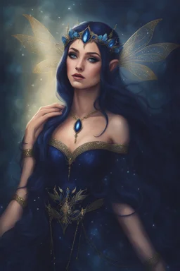 Midnight blue,Dark blue hair,night,dark fairy princess ,elven crown,elven ears,sparkle,glitter,gold armor,dragonflies,rapunzel hair,water lilies