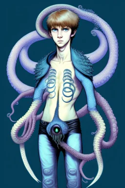 16 year old boy warlock with milky blue eyes, and lamprey tentacle growing out of his belly. in the style of HR Giger