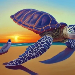 oil painting turtle and sunset